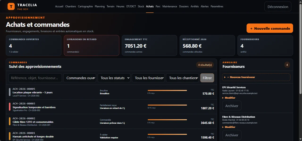 Interface réelle du module achats de TRACELIA PME