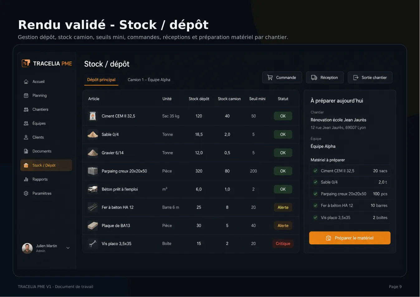 Logiciel gestion stock chantier TRACELIA
